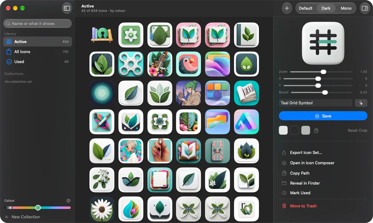 iconzzz in dark mode searching the library by colour: the slider on green finds 42 of 634 icons, mostly leaves