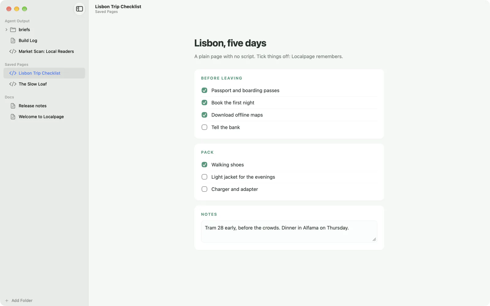 Localpage in the Paper theme: a saved trip checklist with ticked boxes and a note, remembered by Localpage