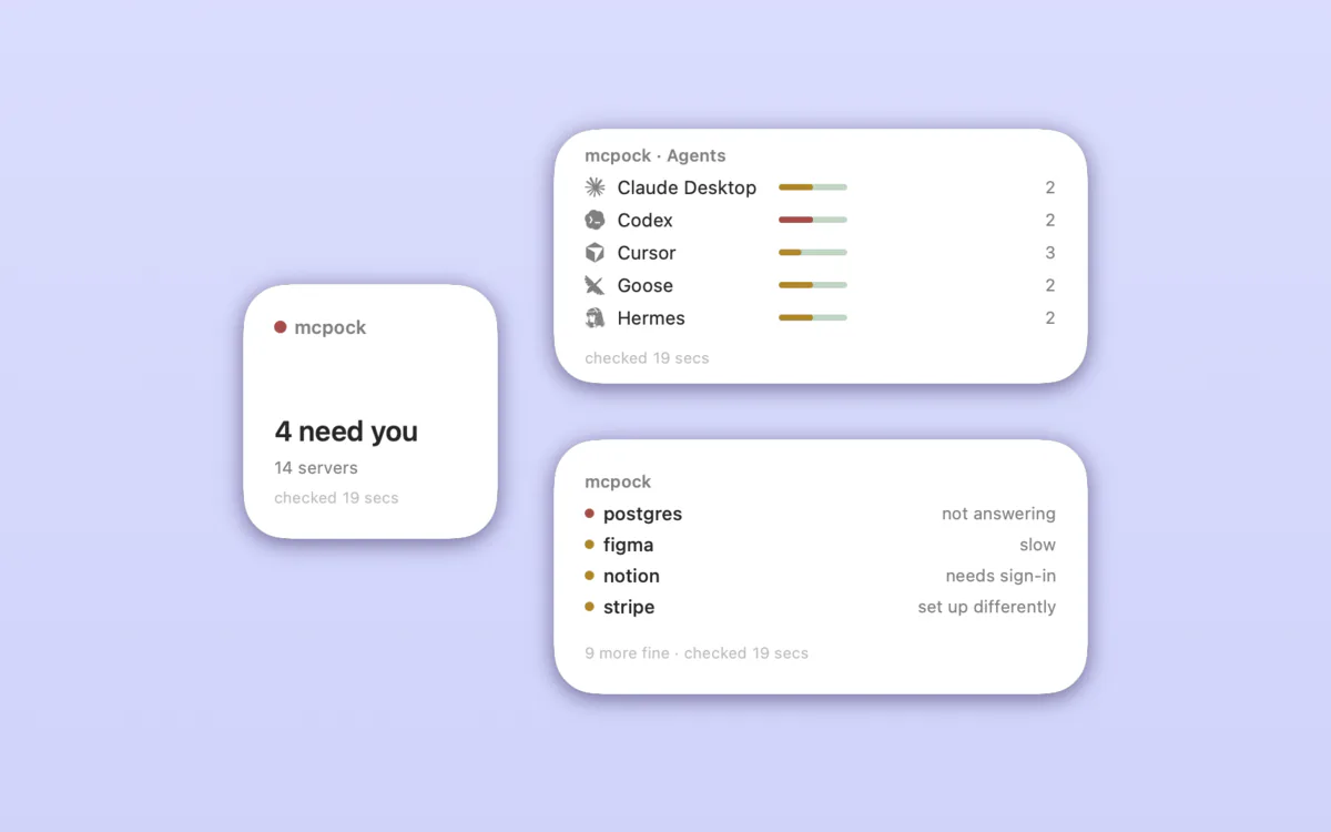 mcpock's three desktop widgets: Status, Agents and Problems