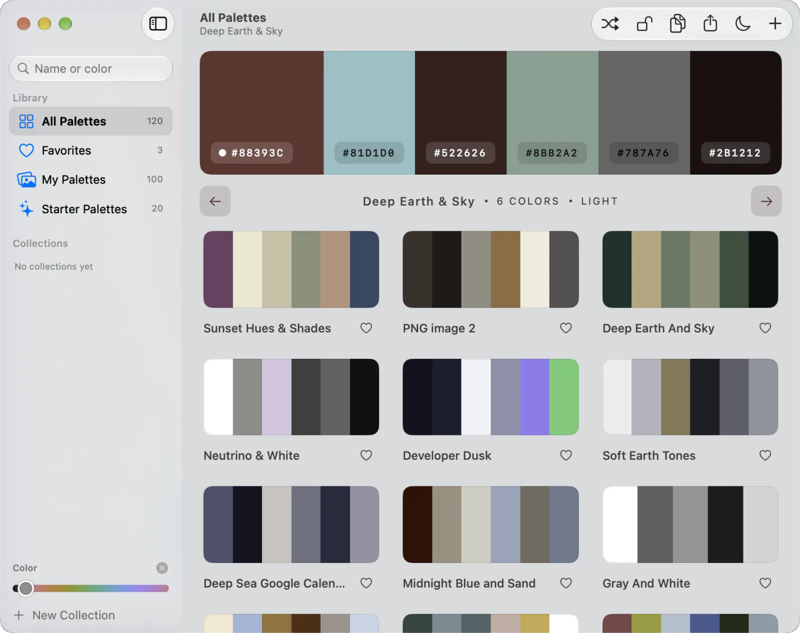 Pallet in light mode: the library sidebar, the selected palette on top, palette cards below, all tinted by the palette