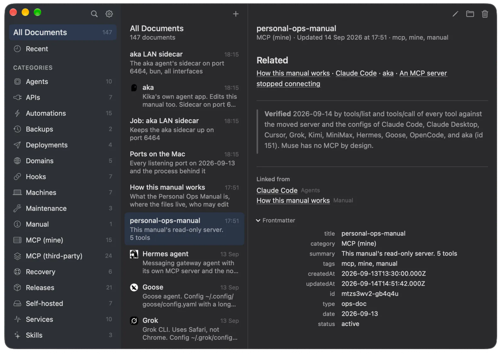 The Linked from list and the Frontmatter disclosure on a server page
