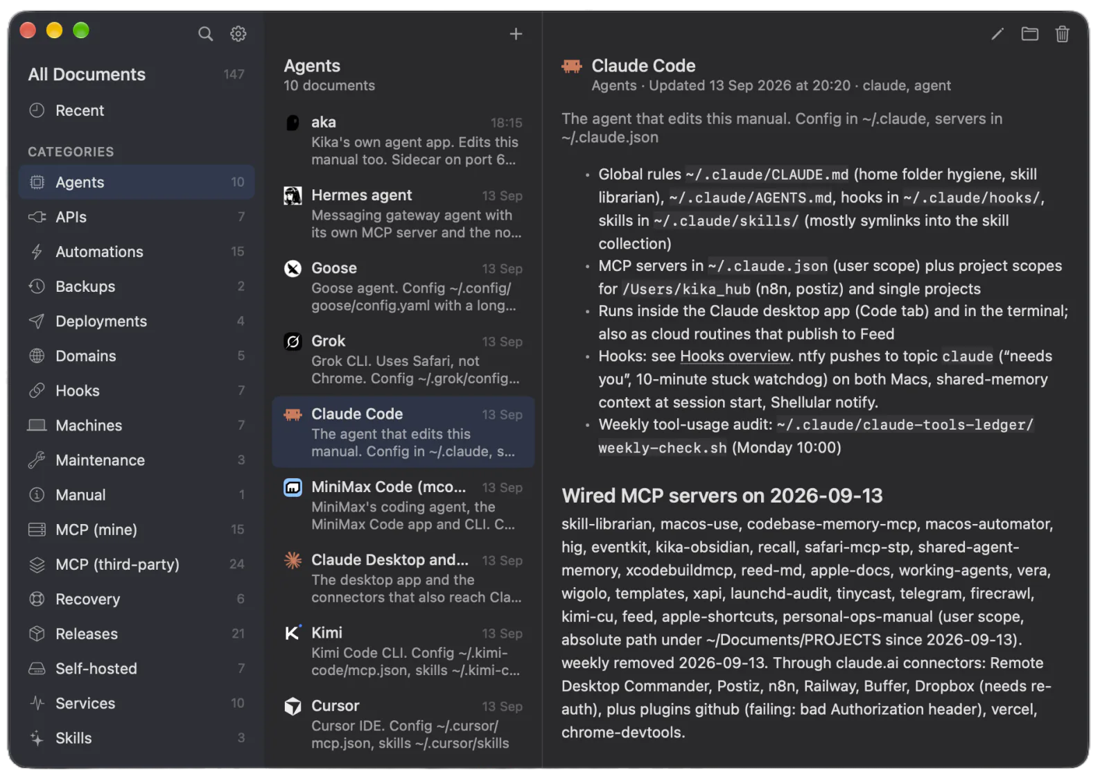 Personal Ops Manual, three columns: categories on the left, the Agents list in the middle, the Claude Code page open in the reader