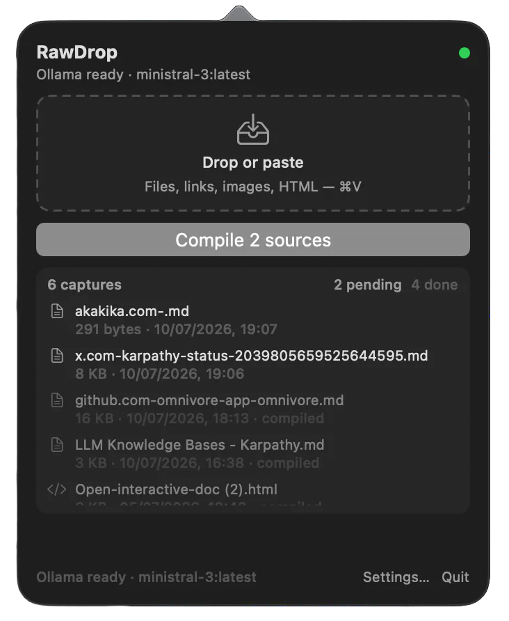 The same RawDrop popover in dark mode