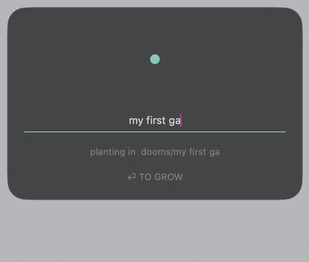 Seedling's small centered window: type a project name, press return, and the seed files land in a new folder
