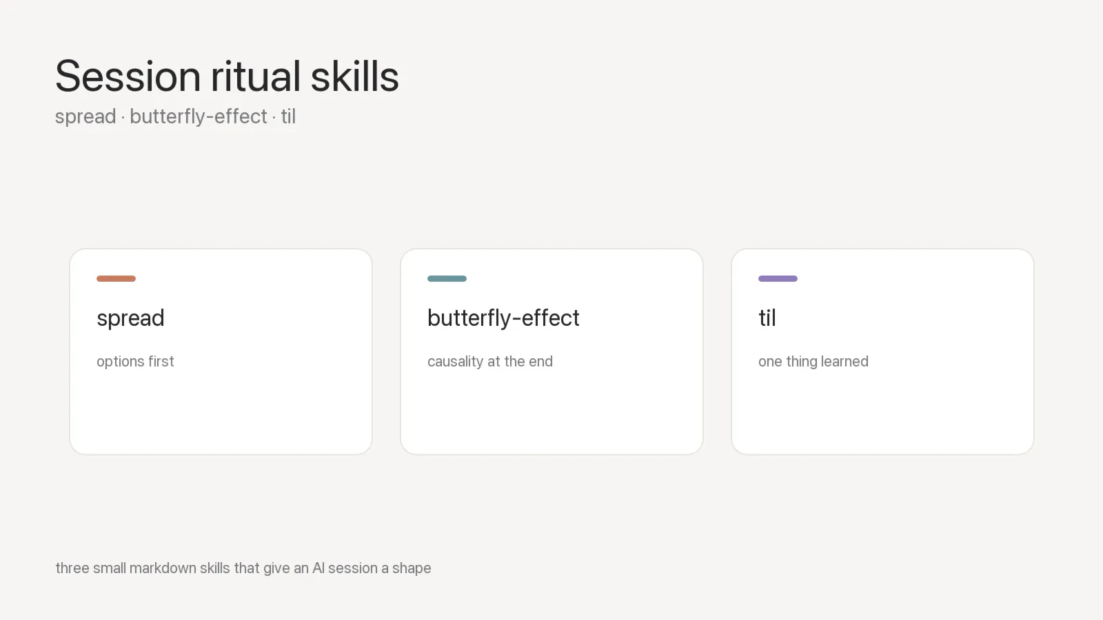 Three cards for the session ritual skills — spread, butterfly-effect, and til