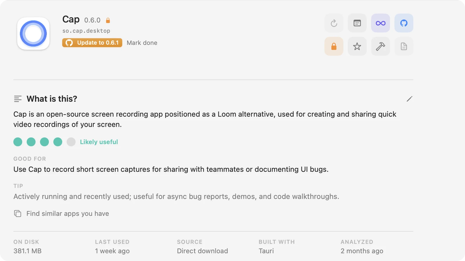 Sift 1.12 detail panel for Cap: an orange Update to 0.6.1 pill with the GitHub mark, and the facts row saying Built with Tauri, source Direct download