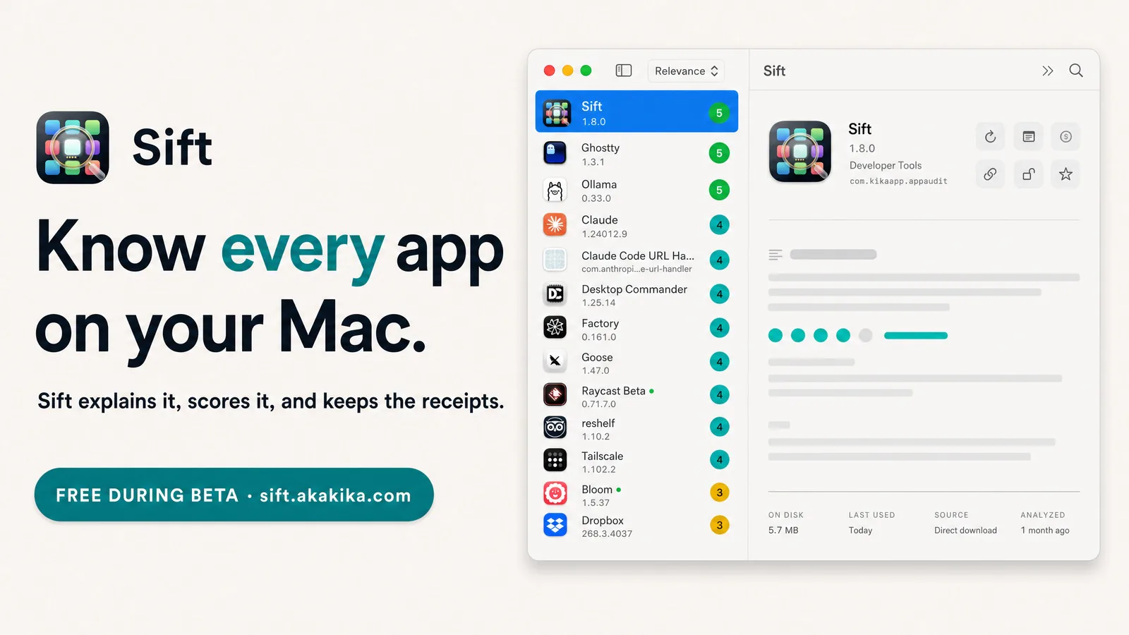 Sift's main window: a list of installed Mac apps with 1 to 5 relevance scores, and the detail panel for one app